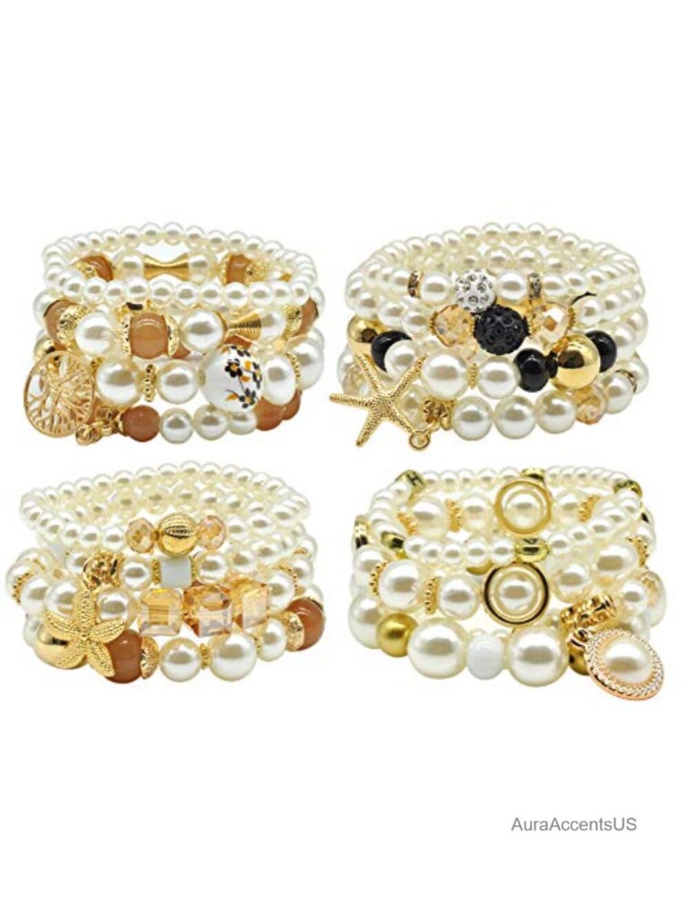 Stackable Pearl Charm Bracelet Set - 4 Pack Stretch Boho Bead Bangles